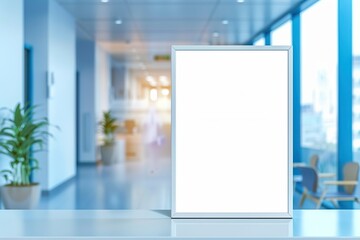 Mock-Up promotion poster displayed on the front of bright blur medical clinic, hospital interior background with defocused effect. Blank A4 white paper on abstract defocused luxury office corridor. Ad