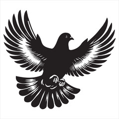 Obraz premium Rock Dove Silhouette, Pigeon Bird Clipart - Columba livia Design - Rock Dove flapping wings Illustration in black and white