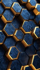 Close-up view of a textured blue and gold hexagonal geometric pattern, perfect for modern design and digital art backgrounds.