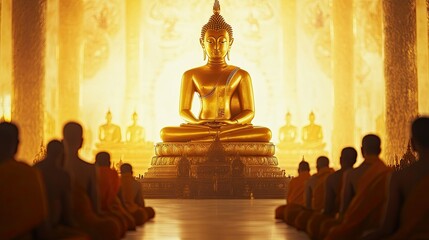 Golden Buddha statue with monks praying in the foreground, calm and peaceful, temple interior, soft lighting