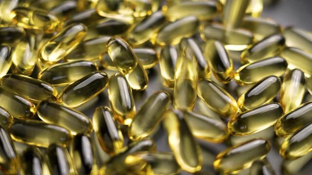 Yellow Omega-3 fish oil softgel capsules falling on a grey plate. Translucent supplements with unsaturated fatty acids. Slow motion. Macro shot. Healthy lifestyle concept