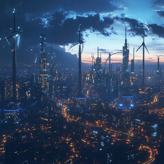 A futuristic city powered entirely by renewable energy managed by AI.