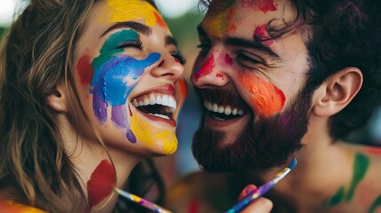 Obraz premium Creative Bonding - Couple Playfully Painting Each Other's Faces with Colorful Paint, Laughter in the Air