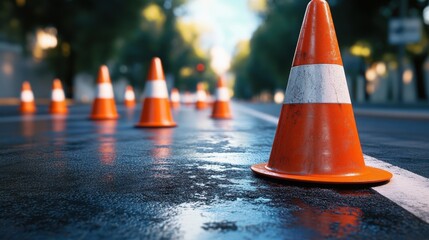 3D close-up of traffic cones and under construction sign on an empty urban road, perspective view, high contrast