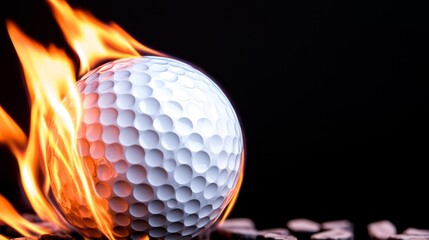 Dynamic shot of a golf ball blazing with flames, creating a striking contrast against the dark black background