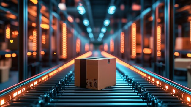 A cardboard box on a conveyor belt in an automated warehouse, representing micro-fulfillment and efficient order processing.
