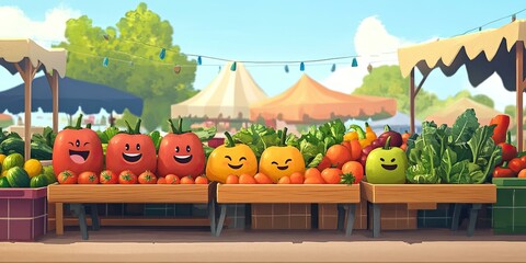 Smiling vegetables at a market stall.