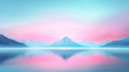 A beautiful mountain range with a pink and blue sky. The mountains are covered in snow and the water is calm
