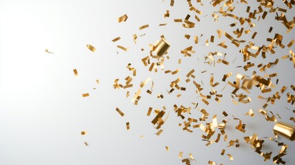 Golden confetti cascading through the air against a crisp white background, evoking a sense of celebration and triumph