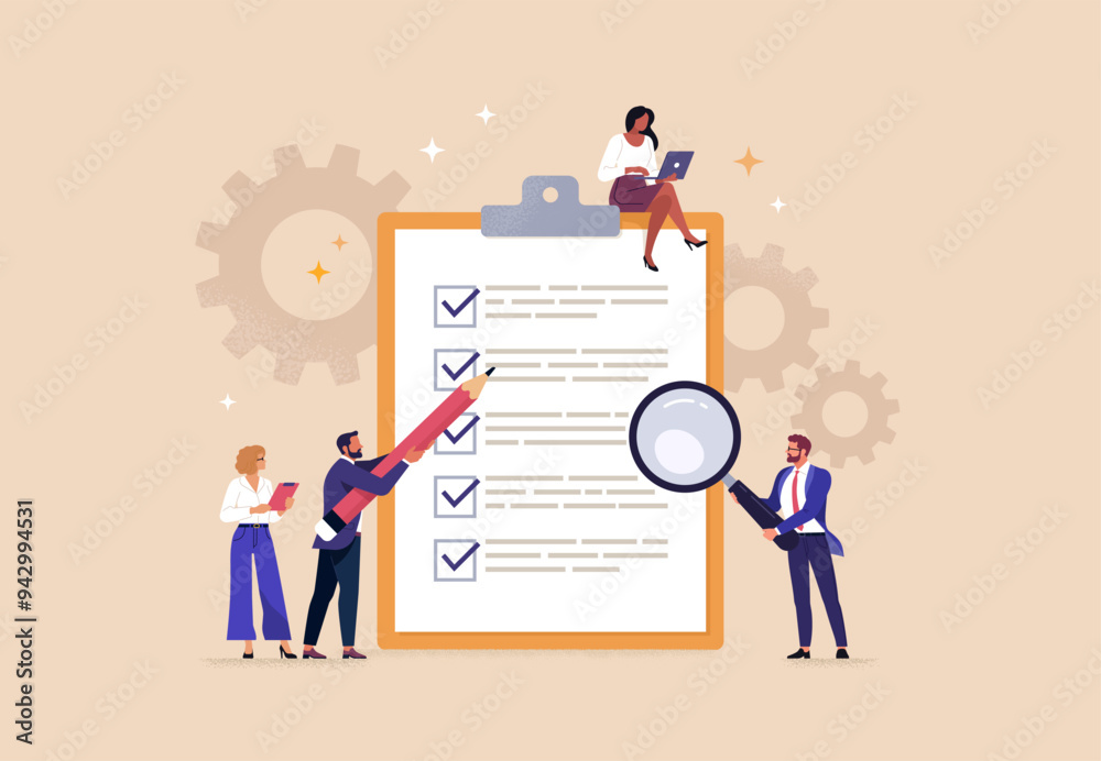 Poster Business Checklist Concept. Vector illustration in flat style of a group of business people working around a clipboard with a document with a list of completed tasks. Isolated on background 