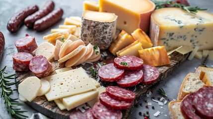 Various cheese and sausage snacks with a concrete background