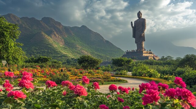 Vibrant Desert Rose (Adenium obesum) blossoms bloom amidst a lush garden, casting a vibrant hue beneath the imposing Statue of Unity in Kevadia, Gujrat, India.