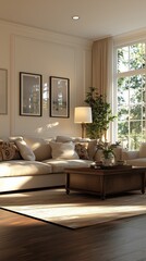 Fototapeta premium A sunlit living room featuring a comfortable beige sofa, elegant decor, and large window with outdoor view.