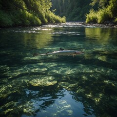 A serene scene of a lone salmon swimming upstream in a crystal-clear river, with lush greenery and dappled sunlight filtering through the water.

