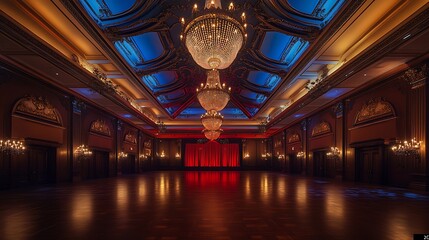 Obraz premium Sophisticated Ballroom with Crystal Chandeliers, Intricate Ceiling, and Warm Lighting Enhanced by Red and Blue Accents
