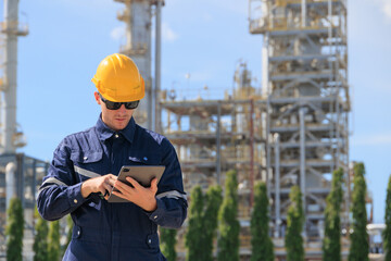 Refinery petroleum worker on duty radio control operation. Industrial Engineer in oil and gas working in petrochemical plant.