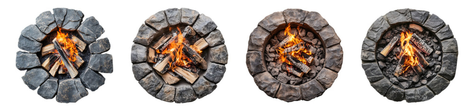 Stone Fire Pit with Burning Logs, PNG set