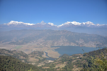 The beautiful view of Himalayan range, Phewa Lake and Pokhara city