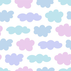 Cumulus multicolored clouds. Seamless vector pattern. Infinitely repeating celestial ornament. Isolated colorless background. Small plump and elongated clouds. Flat style. Idea for web design.