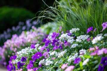 Fototapeta premium Blooming Garden A Lively Display of Purple and White Flowers