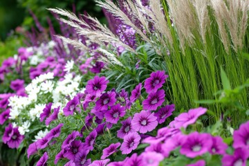 Obraz premium Blooming Garden A Lively Display of Purple and White Flowers