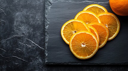 Bright orange slices arranged on a dark charcoal cutting board