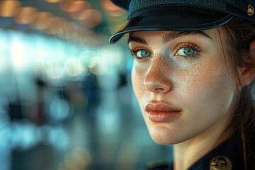 Portrait of young attractive flight attendant in uniform against blurred airplane background. Generated by artificial intelligence
