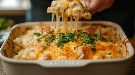 Close-up of a cheesy, chicken rice casserole with fresh parsley, freshly baked and being served from a dish.