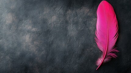 Bright pink feather quill on a dark charcoal parchment