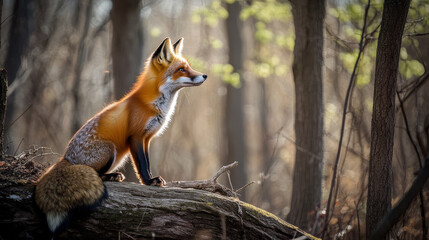 A red fox (Vulpes vulpes) posing in the spring woods. --ar 16:9 --v 6.1 Job ID: e9f3dbfe-e181-4cc6-a762-a5c9b6bff36d