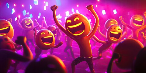 Fototapeta premium Partying emoji figures in neon light.
