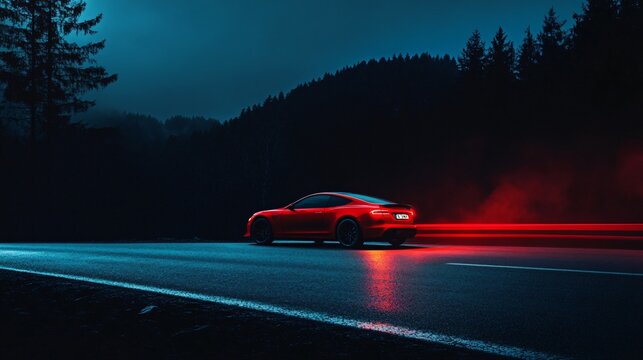 Bright red car parked on a dark charcoal road at night