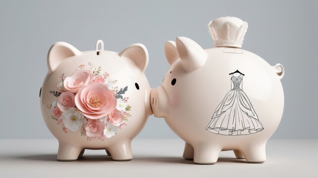 Wedding themed piggy banks with floral and bridal gown designs, symbolizing saving for dream wedding. Bridal finance concept
