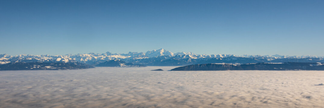 Stunning panoramic view of the French and Swiss Alps in winter
