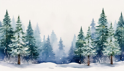 Fototapeta premium Watercolor painting of winter forest with snow-covered pine trees. Beautiful natural landscape.