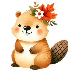 Cute cartoon beaver with autumn leaves and flowers, perfect for fall-themed designs and children's illustrations.