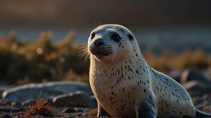 a seal is sitting on the ground with the sun behind him.