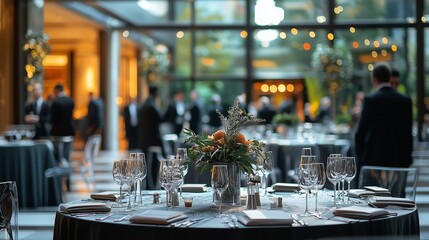 Elegant corporate event venue with sophisticated table settings and ambient lighting, highlighting a professional and upscale atmosphere.