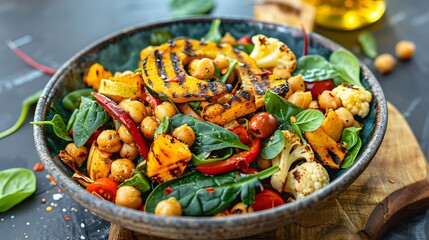 Vegan vegetable salad with chickpeas and topped with grilled squash hot peppers cauliflower and olives