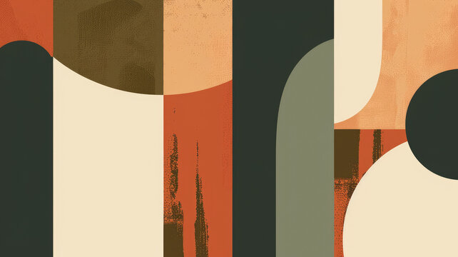Flat illustration of abstract shapes with geometric forms in earthy colors of terracotta, green and beige