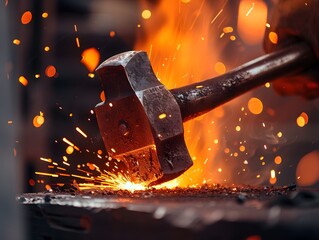 Blacksmith Hammering Metal with Fiery Sparks