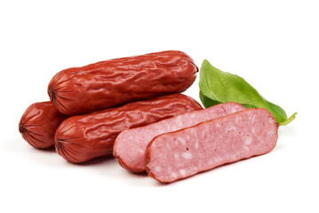 Smoked dried sausages, isolated on white background.