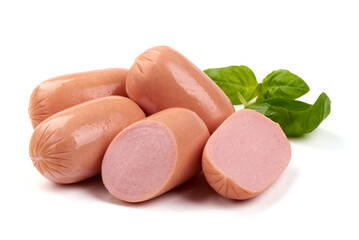 Heap of cooked sausages, close-up, isolated on white background. © GSDesign