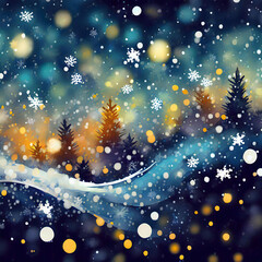 Snowflakes, blue blurry background, christmas tree, moon lights, rain drop bokeh, night lights