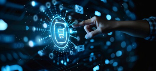 a businessman or an ordinary person touches a digital virtual hologram icon or shopping cart symbol with his hand, online shopping, e commerce