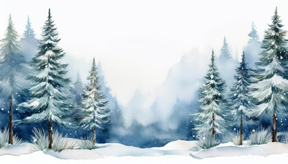 Naklejka premium Watercolor painting of winter forest with snow-covered pine trees. Beautiful natural landscape.