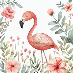 Fototapeta premium Elegant Flamingo with Watercolor Florals in a Botanical Garden Illustration