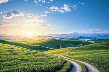 Fototapeta premium Winding country road with golden light of the setting sun in the beautiful green rolling hills