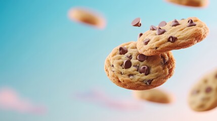 A close up of two chocolate chip cookies with a blue sky background. The cookies are flying through the air, giving the impression of a playful and fun scene