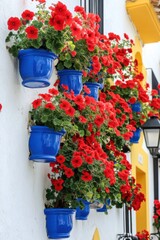 Vibrant Red Geraniums in Blue Pots Against a Mediterranean Wall